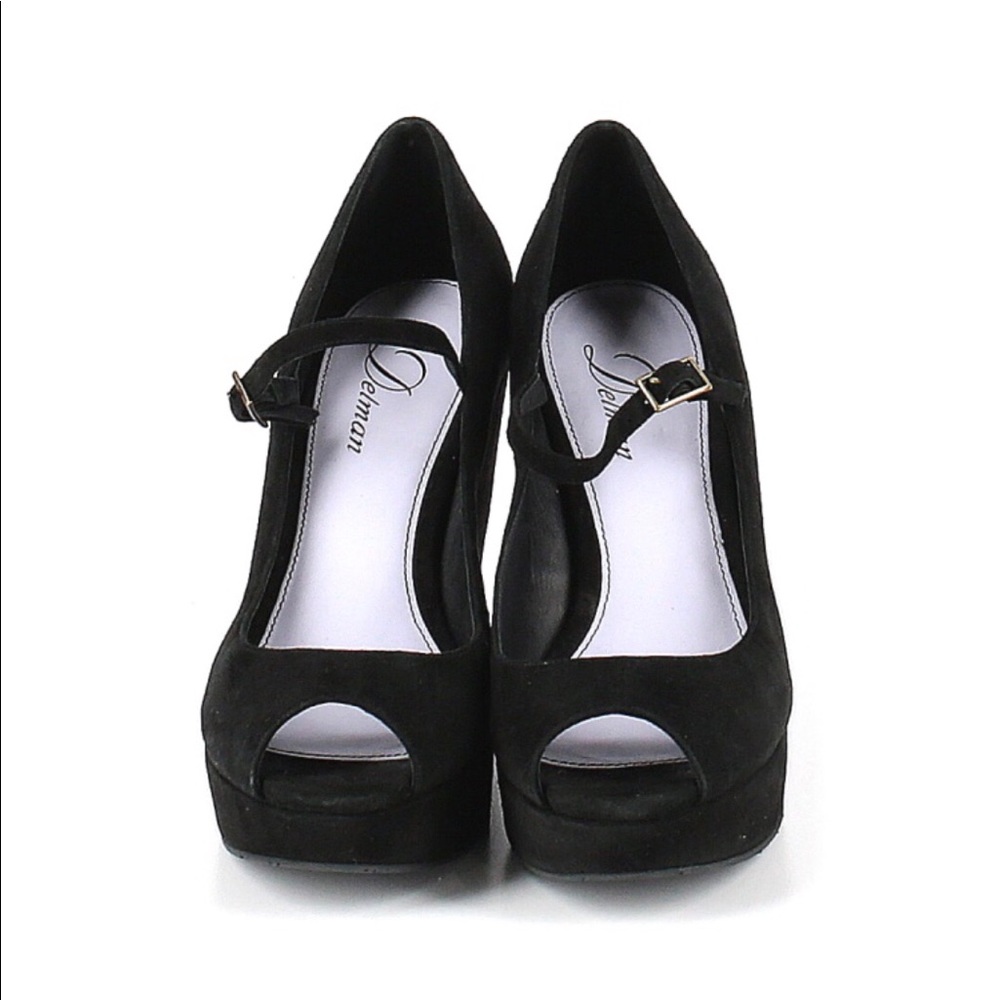 Delman Black Faux Suede Peep Toe Wedge 8.5